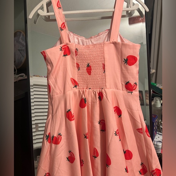 NWT Belle Poque Strawberry Print Pink Swing Midi A Line Dress - Picture 6 of 12